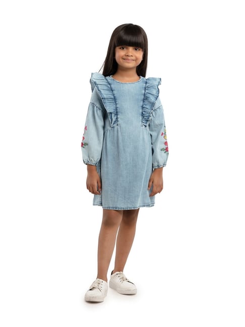 Under Fourteen Only Kids Blue Embroidered Full Sleeves Dress-picture-28