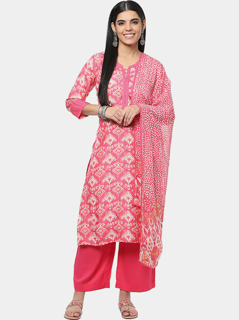 Biba Pink Printed Kurta Palazzo Set With Dupatta