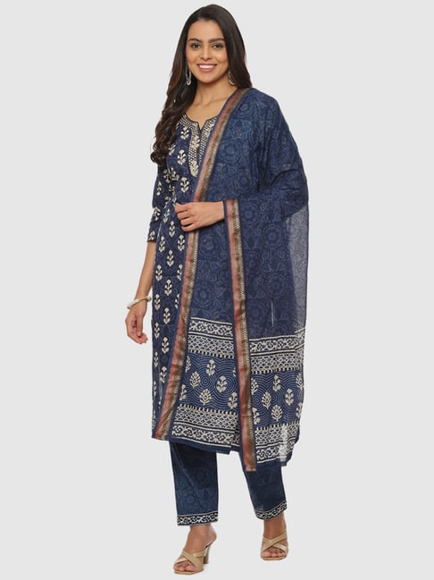 Biba Blue Cotton Printed Unstitched Dress Material