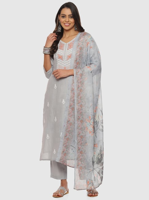 Buy Biba Grey Linen Embroidered Unstitched Dress Material for Women Online  @ Tata CLiQ