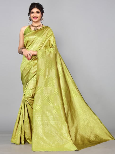 Satrani Green & Golden Woven Saree With Unstitched Blouse Price in India