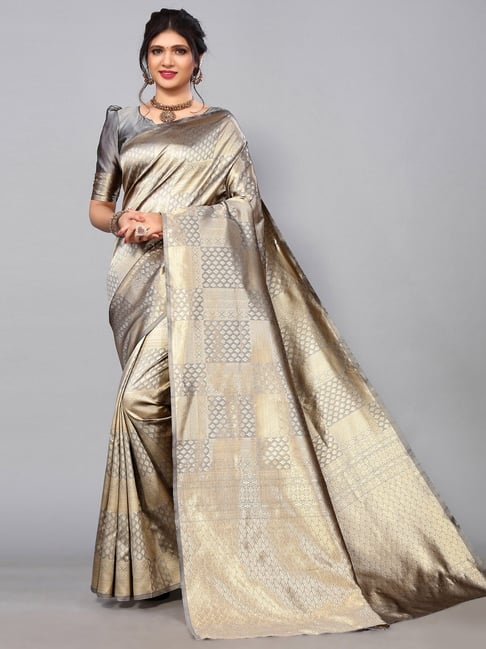 Satrani Grey & Golden Woven Saree With Unstitched Blouse Price in India