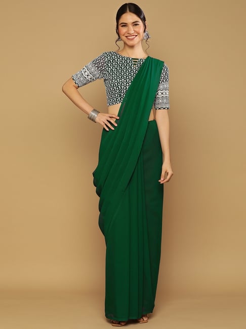 Satrani Green Plain Saree With Unstitched Blouse Price in India