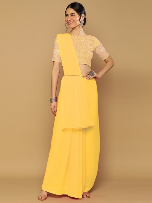 Satrani Yellow Plain Saree With Unstitched Blouse Price in India