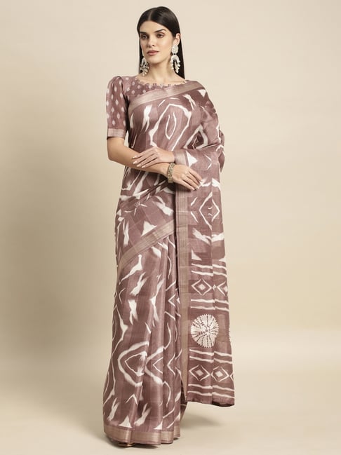 Satrani Brown Printed Saree With Unstitched Blouse Price in India