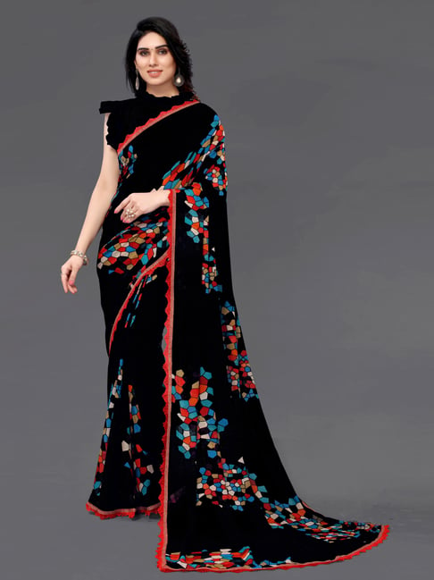 Satrani Black Printed Saree With Unstitched Blouse Price in India