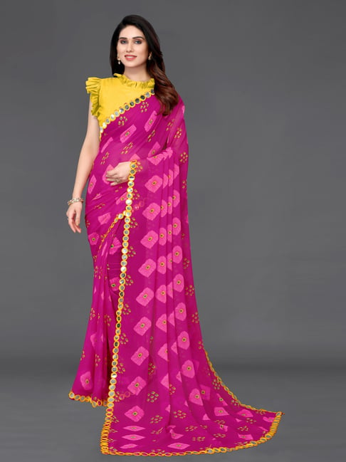 Satrani Pink Bandhani Print Saree With Unstitched Blouse Price in India