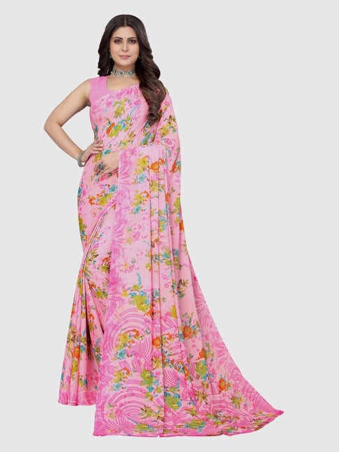 Satrani Pink Printed Saree Without Unstitched Blouse Piece Price in India
