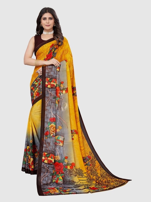 Satrani Yellow Printed Saree Without Unstitched Blouse Piece Price in India