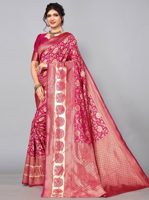 Satrani Pink Woven Saree With Unstitched Blouse Price in India