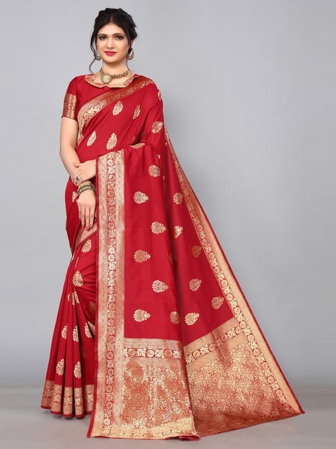 Satrani Red Woven Saree With Unstitched Blouse Price in India