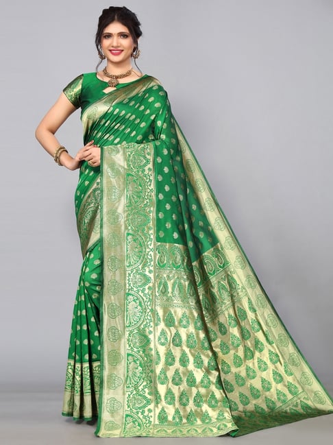 Satrani Green Woven Saree With Unstitched Blouse Price in India