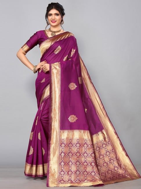 Satrani Purple Woven Saree With Unstitched Blouse Price in India