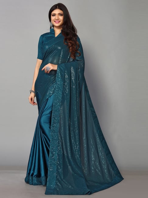 Satrani Teal Blue Embellished Saree With Unstitched Blouse Price in India