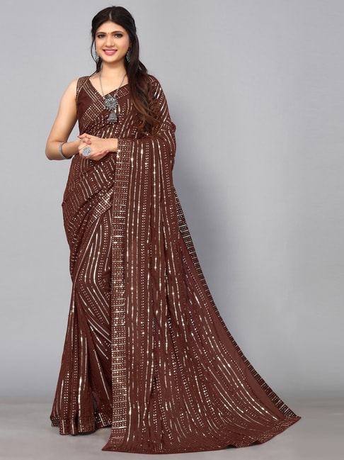Satrani Brown Embellished Saree With Unstitched Blouse Price in India