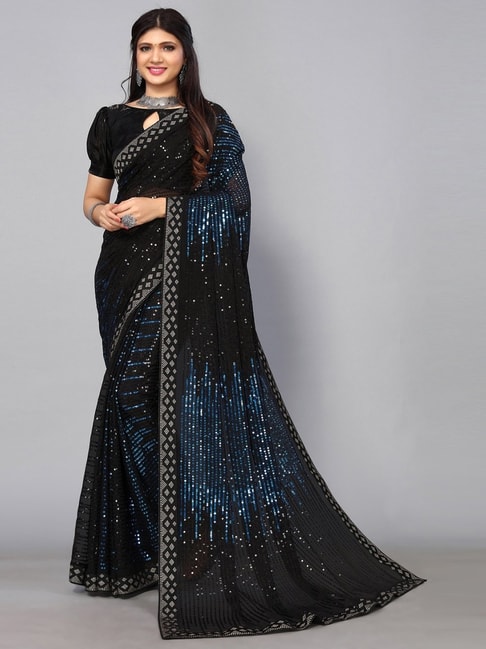 Satrani Black & Navy Embellished Saree With Unstitched Blouse Price in India