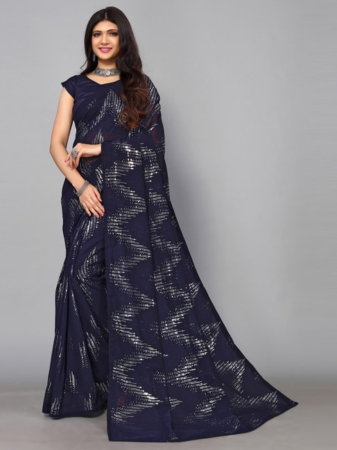 Satrani Navy Embellished Saree With Unstitched Blouse Price in India
