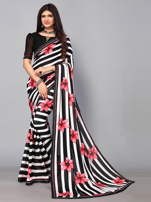 Anagh ~ Black & White Organza Striped Saree Set – stotram