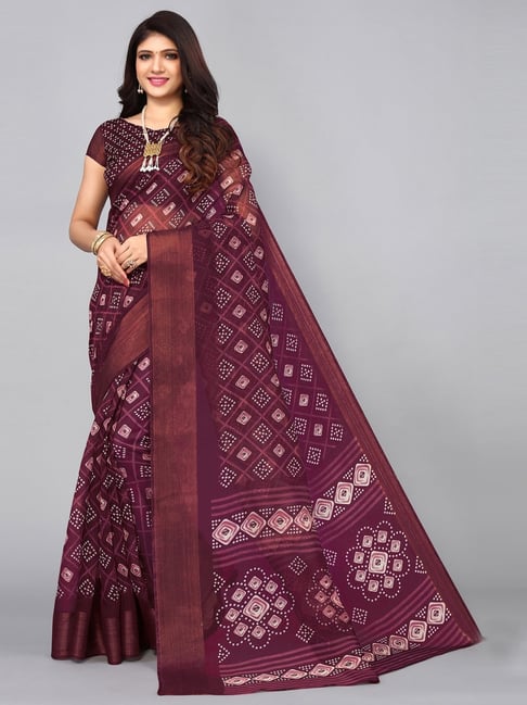 Satrani Purple Bandhani Print Saree With Unstitched Blouse Price in India