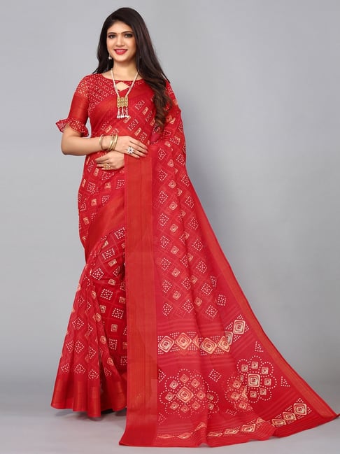 Satrani Red Bandhani Print Saree With Unstitched Blouse Price in India