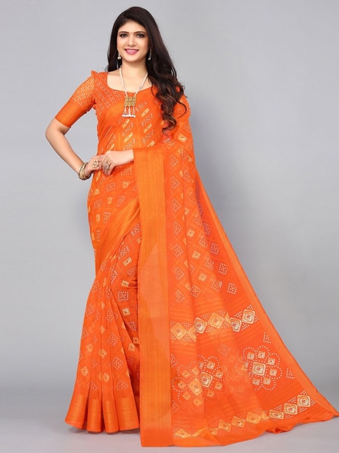 Buy Satrani Orange Bandhani Print Saree With Unstitched Blouse for Women  Online @ Tata CLiQ