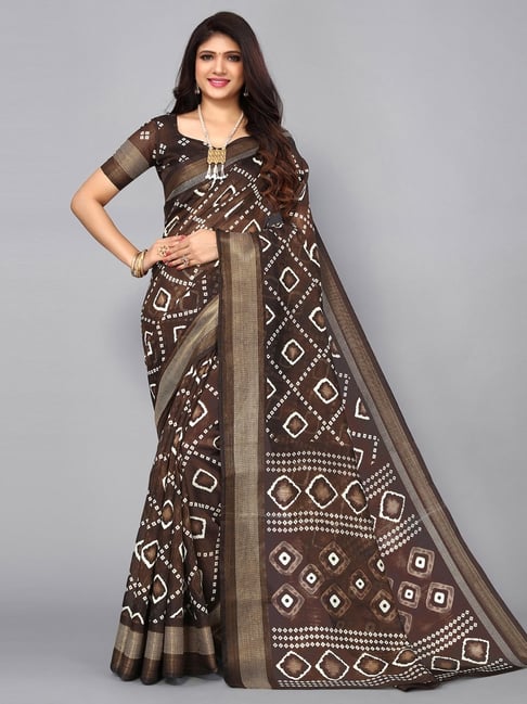 Satrani Brown Bandhani Print Saree With Unstitched Blouse Price in India