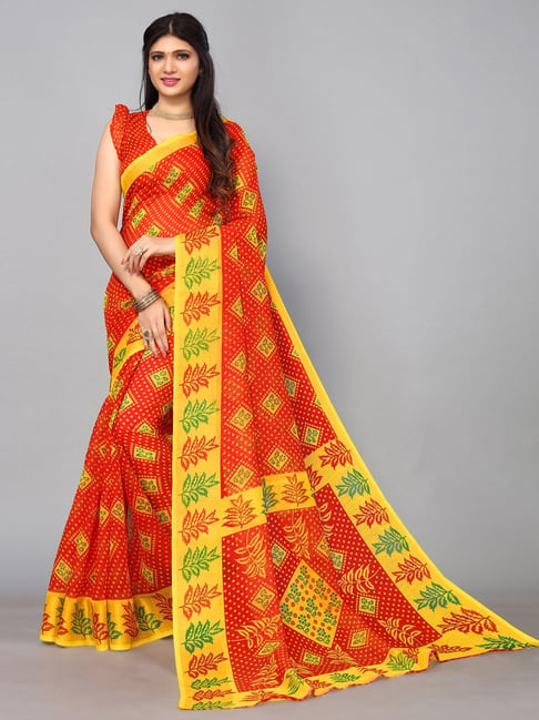 Satrani Red Printed Saree With Unstitched Blouse Price in India