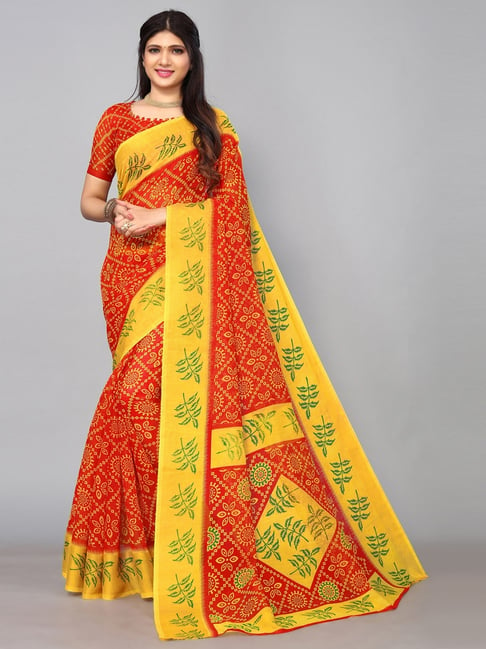 Satrani Red Printed Saree With Unstitched Blouse Price in India