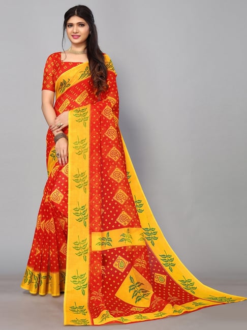 Satrani Red Printed Saree With Unstitched Blouse Price in India