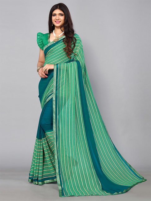Satrani Green Striped Saree With Unstitched Blouse Price in India