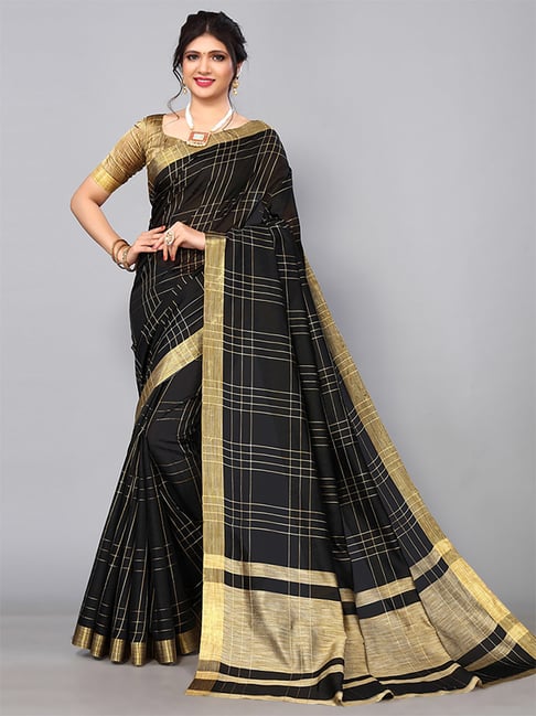 Satrani Black Chequered Saree With Unstitched Blouse Price in India