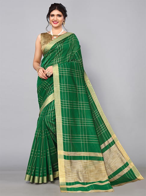 Satrani Green Chequered Saree With Unstitched Blouse Price in India