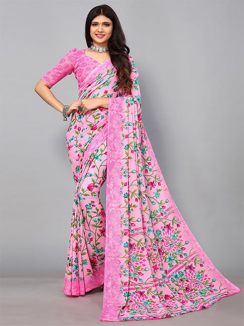 Satrani Pink Floral Print Saree With Unstitched Blouse Price in India