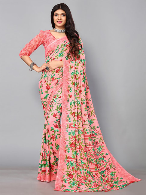 Satrani Pink Floral Print Saree With Unstitched Blouse Price in India
