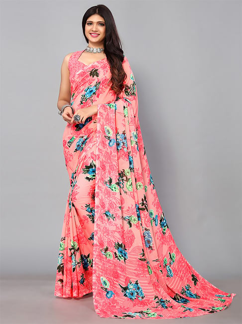 Satrani Pink Floral Print Saree With Unstitched Blouse Price in India