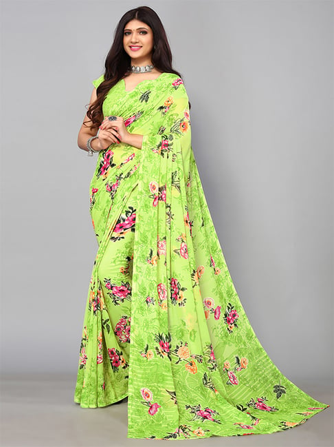 Satrani Green Floral Print Saree With Unstitched Blouse Price in India
