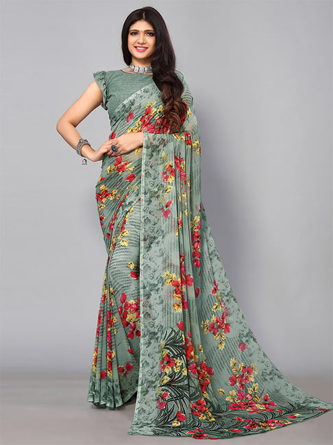 Satrani Green Floral Print Saree With Unstitched Blouse Price in India