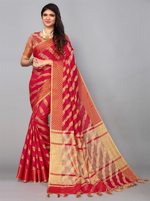 Satrani Red Striped Saree With Unstitched Blouse Price in India
