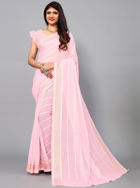 Satrani Pink Striped Saree With Unstitched Blouse Price in India