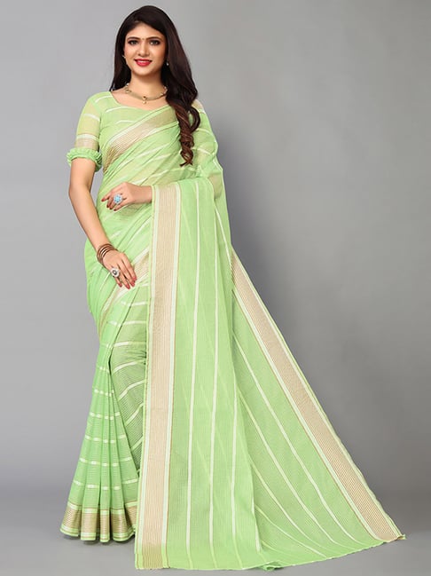 Satrani Green Striped Saree With Unstitched Blouse Price in India