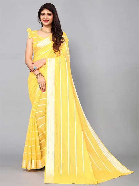 Satrani Yellow Striped Saree With Unstitched Blouse Price in India
