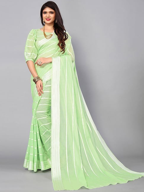 Satrani Green Striped Saree With Unstitched Blouse Price in India