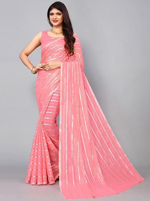 Satrani Pink Striped Saree With Unstitched Blouse Price in India