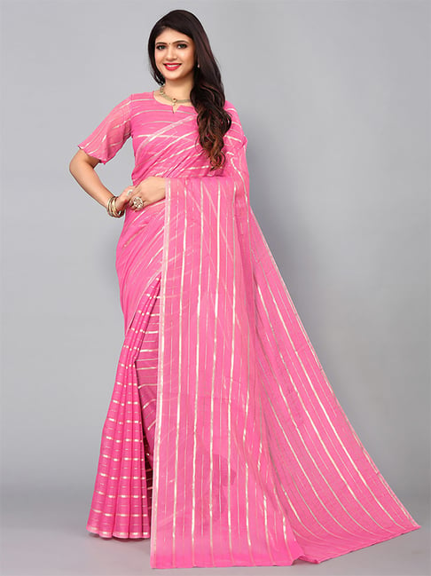 Satrani Pink Striped Saree With Unstitched Blouse Price in India