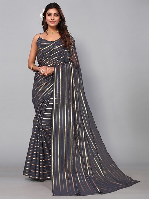 Satrani Grey Striped Saree With Unstitched Blouse Price in India