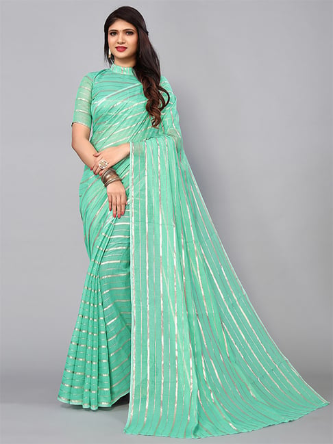 Satrani Green Striped Saree With Unstitched Blouse Price in India