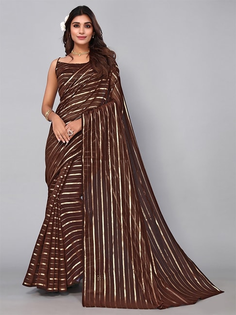 Satrani Brown Striped Saree With Unstitched Blouse Price in India