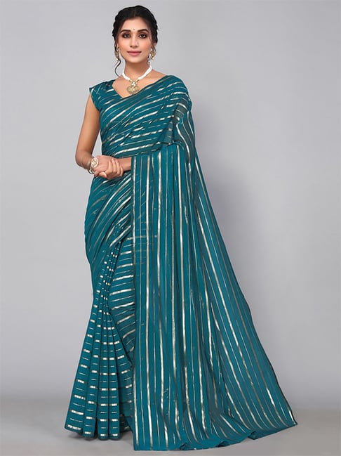 Satrani Green Striped Saree With Unstitched Blouse Price in India