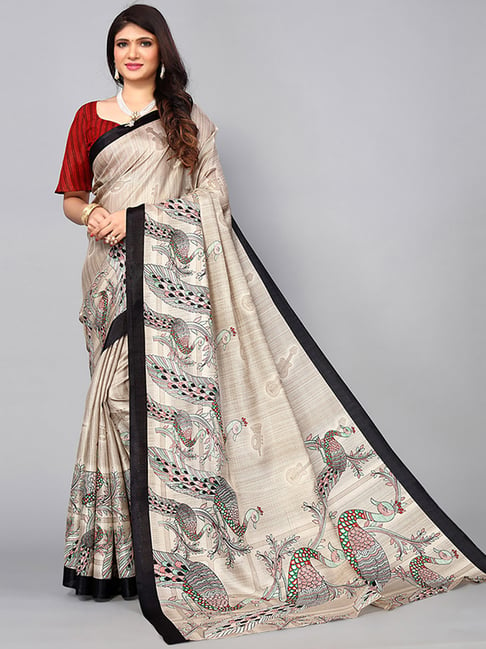 Satrani Beige Printed Saree With Unstitched Blouse Price in India