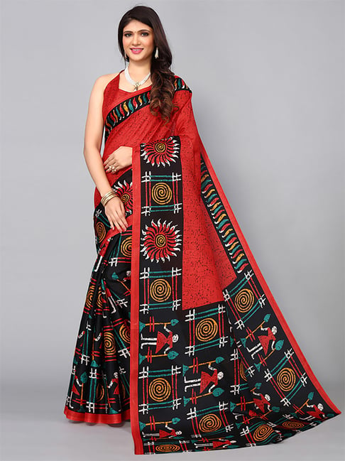 Satrani Red Printed Saree With Unstitched Blouse Price in India